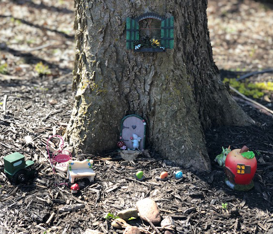 Example of a fairy garden at the base of a tree with a fairy door, window, tractor and apple house.