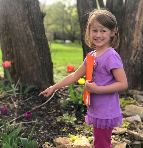 Young girl pointing to a flower to demonstrate a color found on the color walk activity.