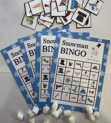 Example snowman bingo cards, using marshmallows as card markers.