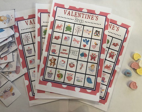 Example Valentine bingo cards using heart candies as card markers.